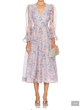 Zimmermann Sheer Floral V‑Neck Midi Dress in Light Blue and Pink
